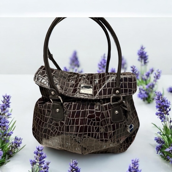 Harrods Dark Brown Croc-Embossed Shoulder Bag - Picture 1 of 6